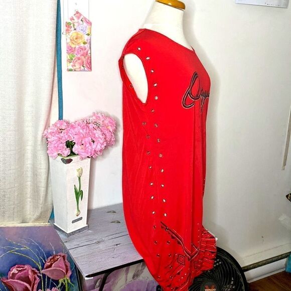🌷OXYGEN🌷RED Rhinestone Beaded Short Sleeve Dress - Picture 7 of 13